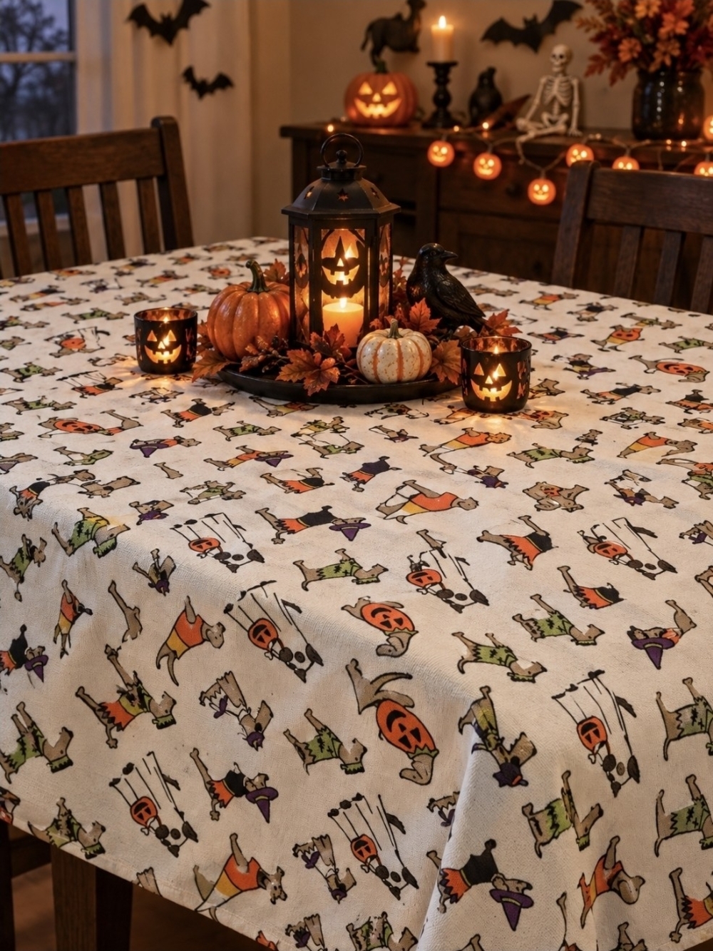New Cynthia Rowley Curious Halloween Dogs With Costumes Tablecloth Circle 70"